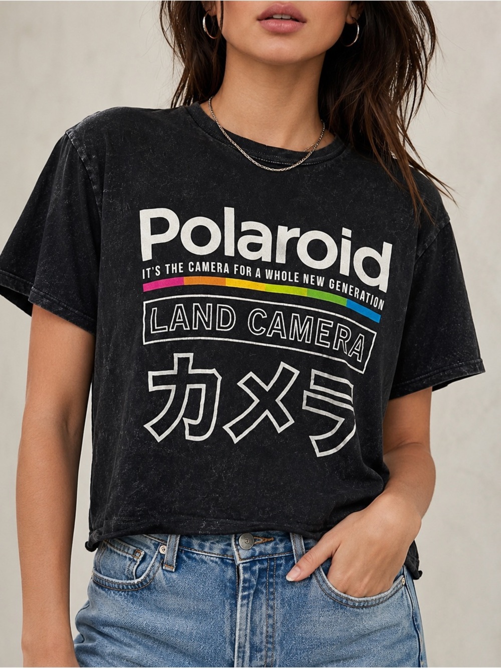 Polaroid Graphic Tee Medium Black Acid Wash Camera Retro T-Shirt